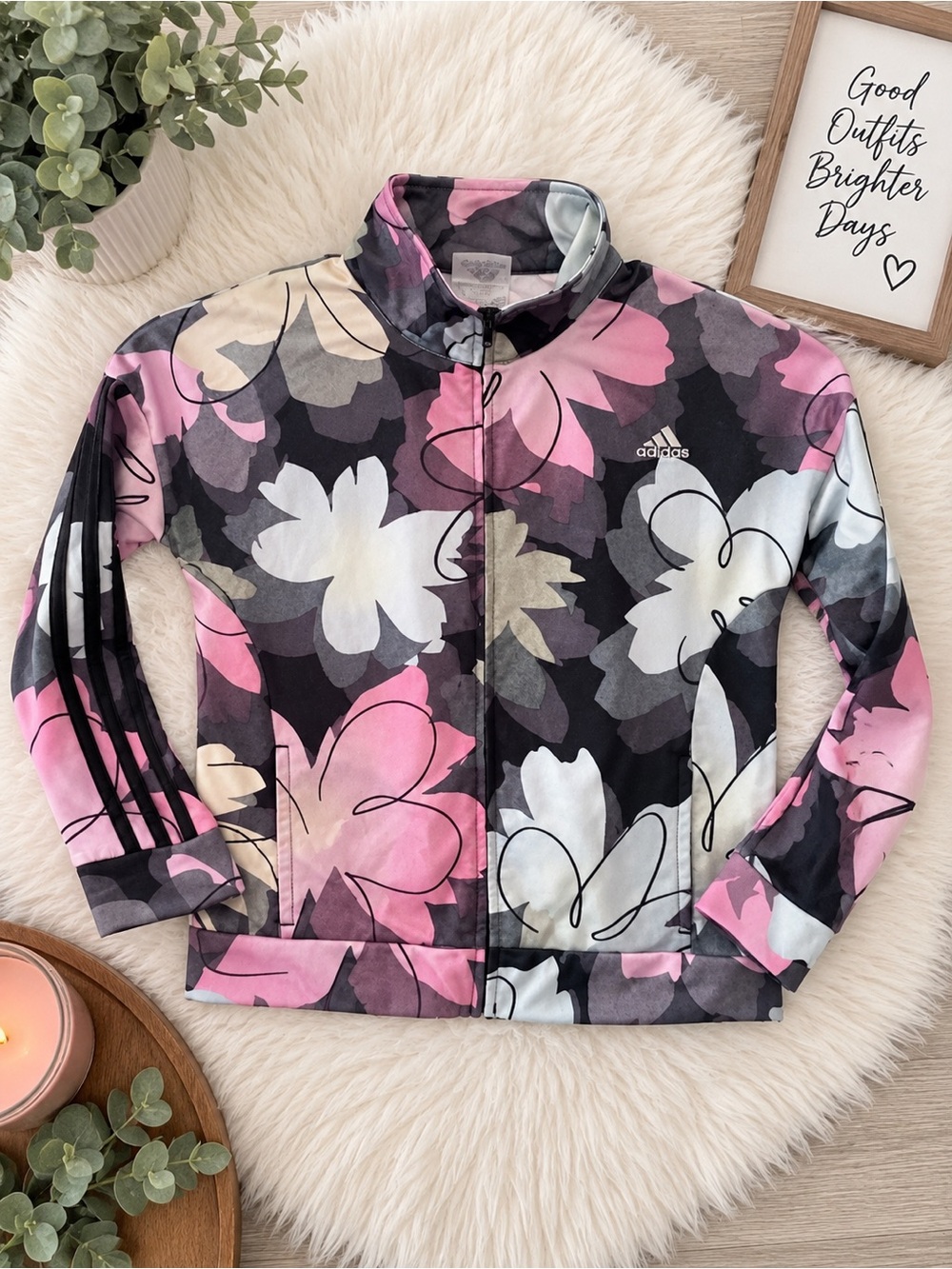 Adidas Floral Print Full-Zip Track Jacket – Girls’ M (10/12) 🌸🩷